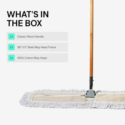 Commercial Dust Mop & Floor Sweeper, 36 in. Dust Mop for Hardwood Floors, Cotton Mop Head, Wooden Broom Handle, Industrial Dry Mop for Floor Cleaning & Janitorial Supplies - size: 36x5 Inch (Pack of 1)