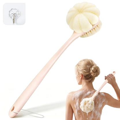 Back Scrubber for Shower, 15.7" Loofah with Handle, Back Shower Brush with Bristles and Loofah, Dry Brushing Body Brush for Cleanse Back and Hard to Reach Areas with Curved Long Handle, Pink - color: Pink