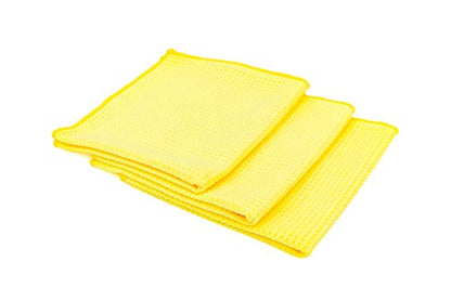 The Rag Company - Standard Waffle Weave Microfiber Towels (3-Pack) Detailing, Window, Glass and Drying, Wax & Polish, Lint-Free, Streak-Free, 370gsm, 16in x 16in, Yellow - color: Yellow, size: 16in. x 16in.