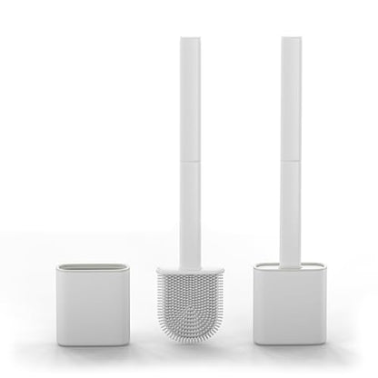 Silicone Toilet Brushes & Holders – Pack of 2 Long Non-Slip Handle, Flexible Bristles for Easy Cleaning – Modern Drip-Free Base, Durable White Bathroom Toilet Brush Set with Holder