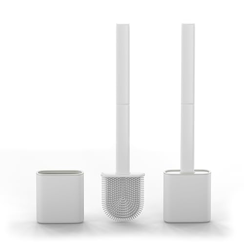 Silicone Toilet Brushes & Holders – Pack of 2 Long Non-Slip Handle, Flexible Bristles for Easy Cleaning – Modern Drip-Free Base, Durable White Bathroom Toilet Brush Set with Holder