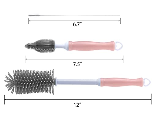 Silicone Cleaning Brush, 12" Long Handle Water Bottle Cleaner for Baby, Sports, Vase, Glassware, and Smaller Diameter Openings - color: Pink