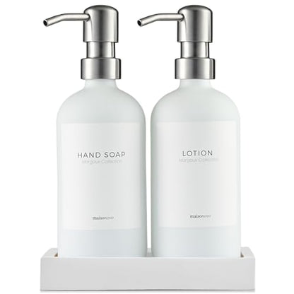 MaisoNovo Soap and Lotion Dispenser Set - Bathroom Soap Dispenser Set with White Soap Dispenser, Silver Pumps & Concrete Tray - color: White Bottles/ Silver Pumps/ White Concrete Tray