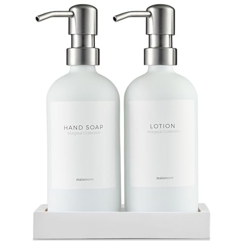 MaisoNovo Soap and Lotion Dispenser Set - Bathroom Soap Dispenser Set with White Soap Dispenser, Silver Pumps & Concrete Tray - color: White Bottles/ Silver Pumps/ White Concrete Tray