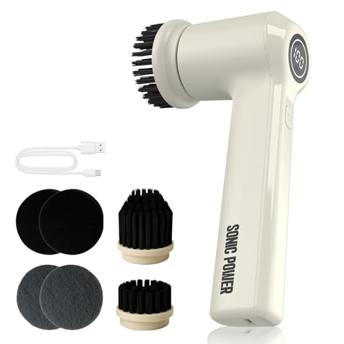 SonicPower Electric Spin Scrubber – Handheld & Ergonomic, IPX7 Waterproof, 4 Multi-Purpose Brush Heads, Long-Lasting Rechargeable Battery – Cleans Dishes, Bathroom, Tile, Grout & Kitchen (Beige) - color: Beige