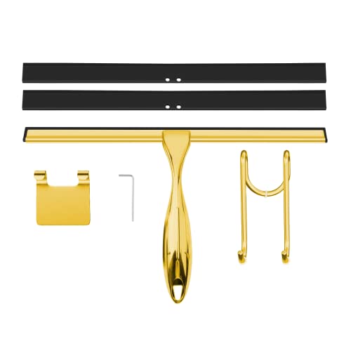 TOOVEM 12 Inch Shower Squeegee for Glass Doors, Window, Bathroom, Car Windshield, Shower Cleaning Tools with S Hook, Square Sticky Hook（Gold） - style: Gold 12 inch