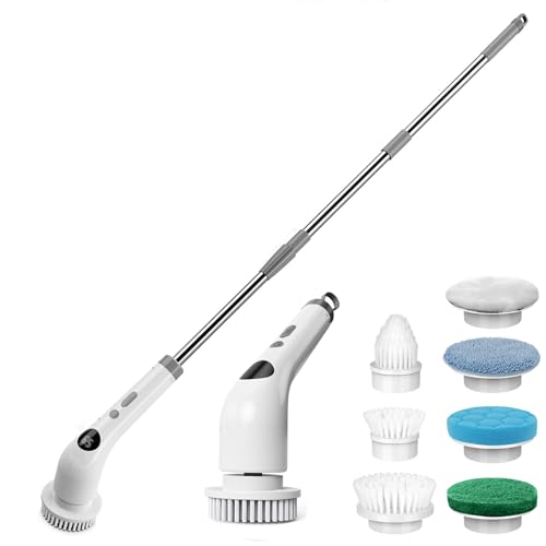 qimedo Electric Spin Scrubber, Rechargeable Handheld Electric Scrubber for Cleaning, Cordless Power Dish Scrubber with 7 Brushes for Bathtub Grout Tile Floor - size: 2000mAh Scrubber with 46.5-inch Handle