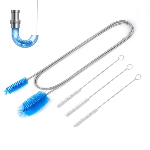 Flexible Drain Brush，75 Inch Long Straw Cleaner Brush and 3 Pcs of 8 inch Straw Brush，Nylon Cleaner Double Ended Elastic Hose Pipe(Blue)