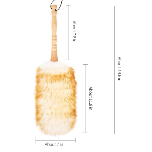 Lambswool Duster with Solid Wooden Handle,Leather Hang Strap,Comfortable Grips 19.6 inch Long Natural Feathers Dusters for Cleaning Wall Plant Desk Blind Cleaner Duster Tool - size: 19.6inch