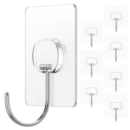 JINSHUNFA Adhesive Wall Hooks 13LB Heavy Duty No Drill Large Transparent Waterproof Hooks for Bathroom Kitchen Towel Coat 8 Pack - size: 8 Large hooks