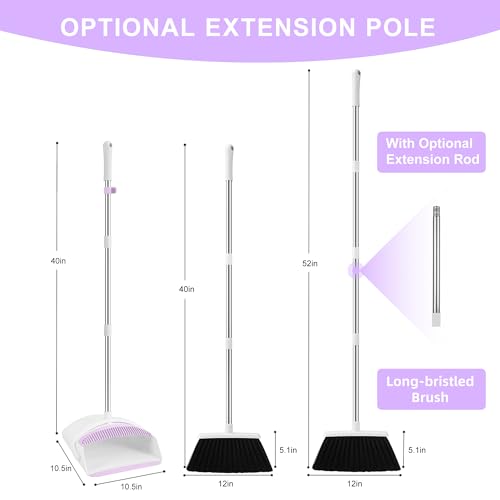 Broom with Dustpan Combo Set for Home, 52-in Long Adjustable Handle Angle Broom and Dustpan Set with Dustpan Comb Teeth for Sweeping Pet Hair Food Dirt Kitchen (White-Purple) - color: White-purple