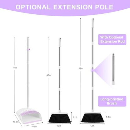 Broom with Dustpan Combo Set for Home, 52-in Long Adjustable Handle Angle Broom and Dustpan Set with Dustpan Comb Teeth for Sweeping Pet Hair Food Dirt Kitchen (White-Purple) - color: White-purple