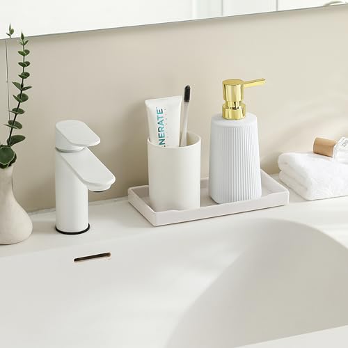 Small Soap Dispenser for Bathroom and Kitchen, Modern Farmhouse Striped Style Plastic Hand Soap Dish Soap Dispenser with Pump Matte White and Gold - color: White and Gold
