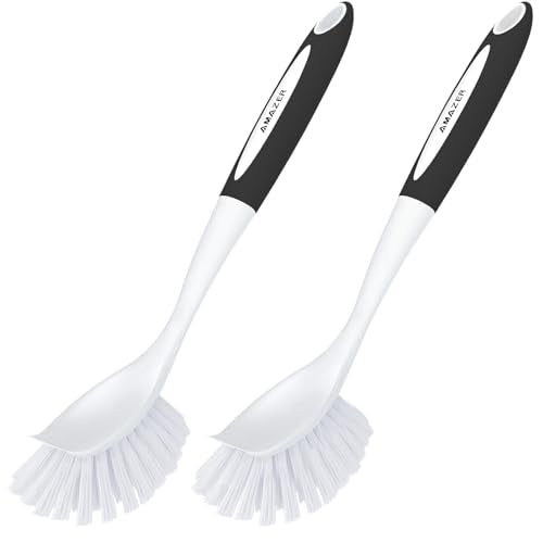 Amazer Dish Brush with Handle, 2 Pack Kitchen Scrub Brushes for Cleaning, Dish Scrubber with Stiff Bristles for Sink, Pots, Pans - color: Black+black, size: 2 Pack