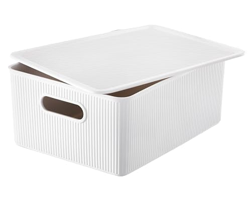 Decorative Plastic Basket Lidded Home Storage Bins Organizer Baskets, Large White (1 Pack - 15 Liter) Stackable Container Box, for Organizing Closet Storage Bins for Shelves - Ribbed Collection - color: White, size: 15 L