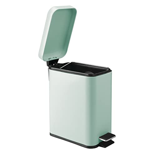 mDesign Small Modern 1.3 Gallon Rectangle Metal Lidded Step Trash Can, Compact Garbage Bin with Removable Liner Bucket and Handle for Bathroom, Kitchen, Craft Room, Office, Garage - Light Mint Green - color: Light Mint Green, size: 1.3 Gallon