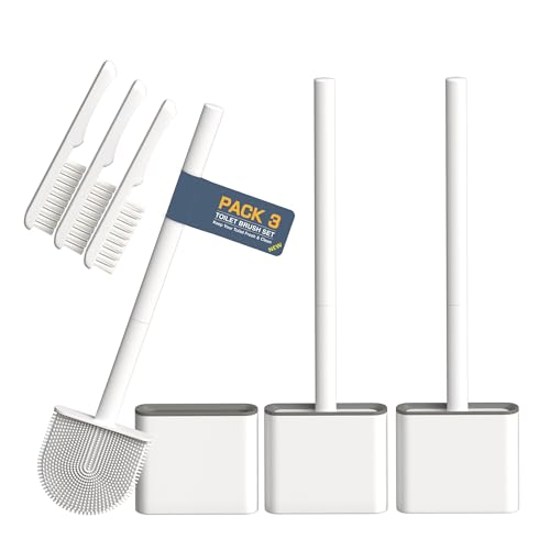 3 Pack Silicone Toilet Brushes & Holders– Includes 3 Crevice Brushes for Bathroom, Long Non-Slip Handle – Durable Bathroom Cleaning Set. - size: Pack of 3