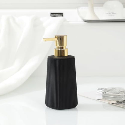 Small Soap Dispenser for Bathroom and Kitchen, Modern Farmhouse Striped Style Plastic Hand Soap Dish Soap Dispenser with Pump Matte Black and Gold - color: Black and Gold