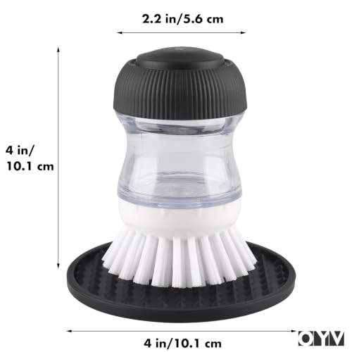OYV Soap Dispensing Palm Brush, Dish Brush Set with Silicone Drip Tray and One Refill, Kitchen Dish Scrub Brush for Cleaning Pots, Pans, Sinks - color: White/Clear/Black