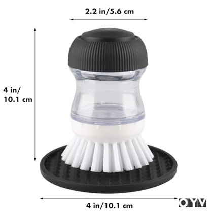 OYV Soap Dispensing Palm Brush, Dish Brush Set with Silicone Drip Tray and One Refill, Kitchen Dish Scrub Brush for Cleaning Pots, Pans, Sinks - color: White/Clear/Black