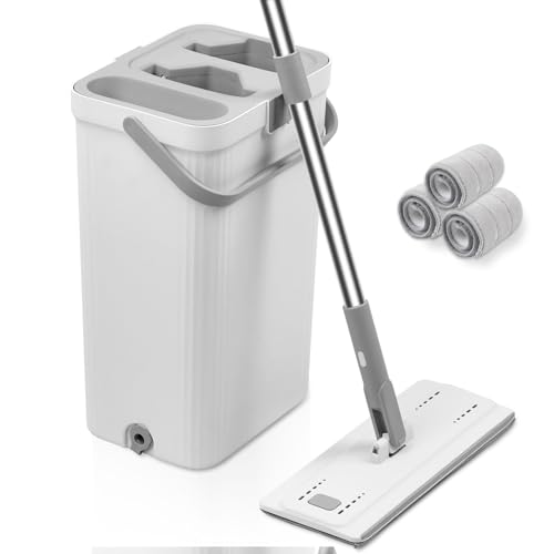 Flat Mop and Bucket with Wringer Set, Hands-Free Floor Mop and Bucket with 3 Reusable Washable Microfiber Pads and 66" Stainless Steel Handle, Wet and Dry Use for Home Floor Cleaning - color: Gray