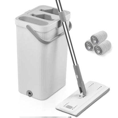 Flat Mop and Bucket with Wringer Set, Hands-Free Floor Mop and Bucket with 3 Reusable Washable Microfiber Pads and 66" Stainless Steel Handle, Wet and Dry Use for Home Floor Cleaning - color: Gray