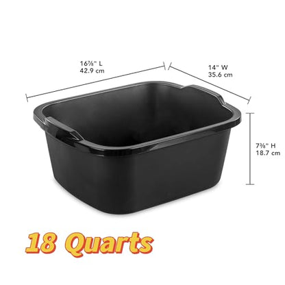 Dish Pans for Kitchen Sink, Plastic Tub Dishpan Wash Basin and Foot Bath for Soaking Feet, Wash Bucket for Washing and Storage Cleaning Supplies - 18 Quarts - Heavy Duty Black