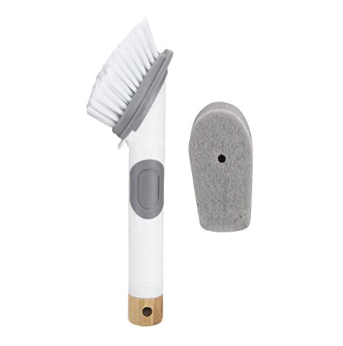 Soap Dispensing Dish Brush 2 In 1 Sponge And Bristle Brush Kitchen Brush For Dishes Pot Pan Sink Cleaning Dish Scrubber Brush With Built In Soap Liquid Dispenser, Long Handle, White