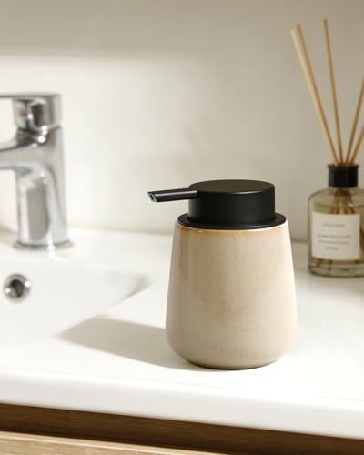 BosilunLife Hand Soap Dispenser - Ceramic Dish Soap Dispenser for Bathroom 12ounce Refillable Liquid Hand Wash Dispenser for Essential Oil, Lotion Soap, Greige with Speckle - color: Greige