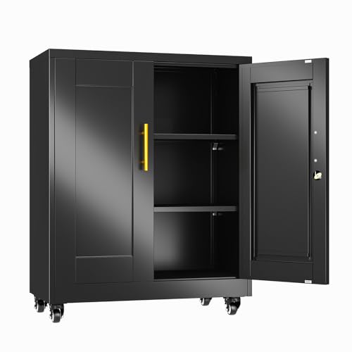 erosoei 35" H Metal Garage Storage Cabinet, Rolling Tool Cabinet with 2 Doors and Wheels, Locker Steel Cabinet with 2 Adjustable Shelves, Organization Cabinet for Garage,Office,Home,Gym,School（Black） - color: Black, size: 35.4"With wheels and locks