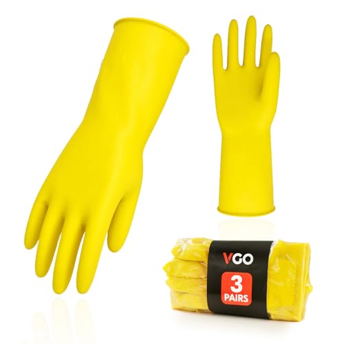 Vgo... 3-Pairs Reusable Household Gloves, Rubber Dishwashing gloves, Extra Thickness, Long Sleeves, Kitchen Cleaning, Working, Painting, Gardening, Pet Care (Size M, Yellow, HH4601) - color: 3 Pairs - Yellow, size: Medium