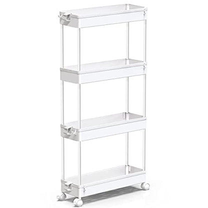 SPACEKEEPER Slim Rolling Storage Cart 4 Tier Bathroom Organizer Mobile Shelving Unit Utility Cart Tower Rack for Kitchen Laundry Narrow Places, White - color: White