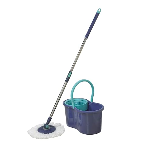 Spin Mop Bucket Set, 5.8L Hands-Free Wringer, Adjustable Stainless Steel Handle, Safe for All Indoor Floors, Includes 2 Replacement Microfiber Mop Heads, Blue