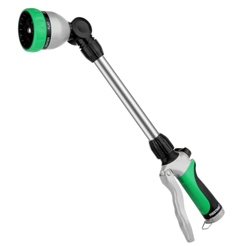 RESTMO Metal Watering Wand, Heavy Duty Garden Hose Wand with 180° Swivel Ratcheting Head, 16-Inch Hose Nozzle Sprayer with 7 Spray Patterns and Flow Control, Ideal to Water Hanging Baskets and Shrubs - color: Green
