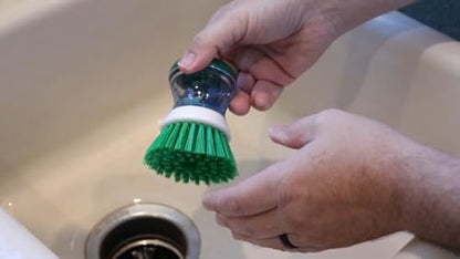 Soap Dispensing Palm Scrub Brush - Made in The USA - Heavy Duty Kitchen Dish Scrubber with Ergonomic Non-Slip Grip for Dishes, Pots, Pans, and Sink Cleaning
