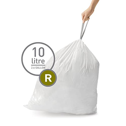 simplehuman Code R 60 Count Custom Fit Liners, Drawstring Kitchen Trash Bags, One-by-One Mess-Free Dispense, Extra Thick & Double Seamed, 50% PCR Plastic, 9-10 Liter / 2.6 Gallon, White - size: 60 Count (Pack of 1)