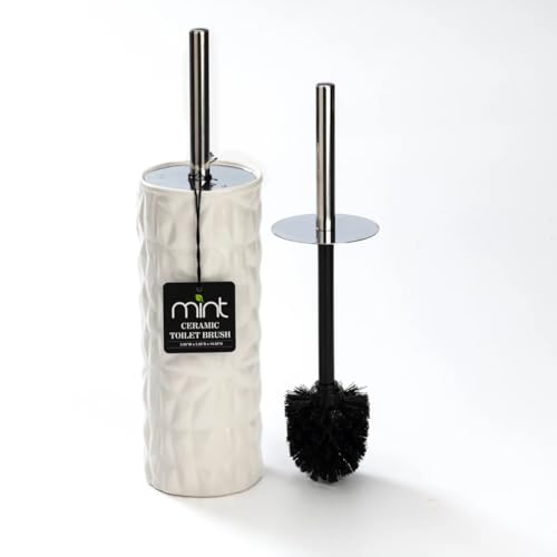 J&V TEXTILES Ceramic Toilet Brush, Toilet Bowl Brush with Extra Long Handle Durable Bristles Toilet Scrubber and Covered Holder for Toilet Brush Set for Bathroom Cleaning (Chrome/White) - color: Chrome/White