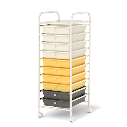 MEDIMALL 10 Drawers Rolling Storage Cart, Multipurpose Craft Storage Cart with Wheels, Mobile Tools Scrapbook Paper Organizer Cart for Office School Home Use (Yellow) - color: Yellow