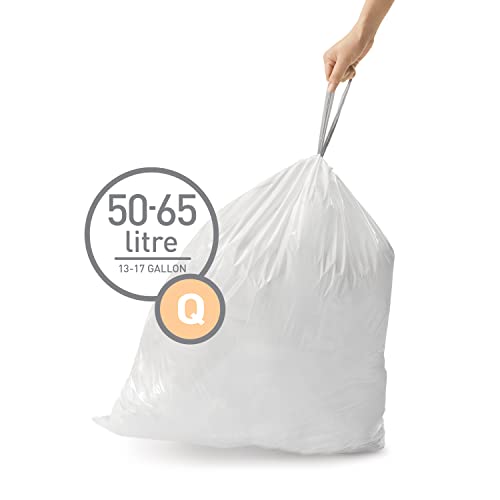 simplehuman Code Q 60 Count Custom Fit Liners, Drawstring Kitchen Trash Bags, One-by-One Mess-Free Dispense, Extra Thick & Double Seamed, 50% PCR Plastic, 50-65 Liter / 13-17 Gallon, White - size: 60 Count (Pack of 1)