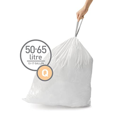 simplehuman Code Q 60 Count Custom Fit Liners, Drawstring Kitchen Trash Bags, One-by-One Mess-Free Dispense, Extra Thick & Double Seamed, 50% PCR Plastic, 50-65 Liter / 13-17 Gallon, White - size: 60 Count (Pack of 1)