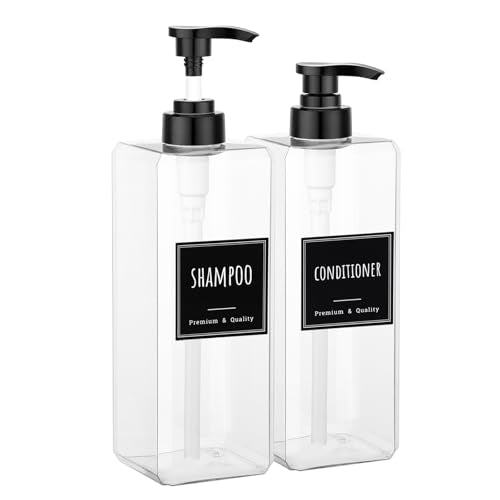 Segbeauty 33.8oz Plastic Soap Dispenser Bathroom, 2pcs Large Capacity Shampoo and Conditioner Dispenser, Square 1000ml Hand Soap Bottle Refillable, Clear Empty Pump Bottles with Waterproof Labels - color: Clear, style: 2pcs