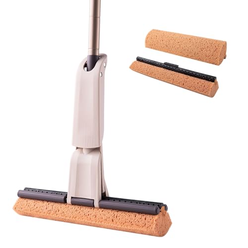 Eyliden Sponge Mop with 2 Reusable Heads, Self-Wringing Floor Absorbent Mop | 13" Honeycomb Sponge, Quick Wring, Home Commercial Use, Kitchen Bathroom Hardwood Laminate Tile Marble Floors Cleaning