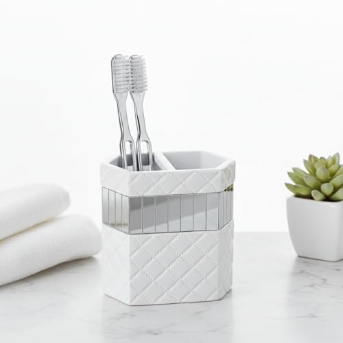 Creative Scents Quilted Mirror White Bathroom Accessories Set - Decorative 4 Piece Bathroom Set - Mirrored Bathroom Accessory Set Includes: Soap Dispenser, Toothbrush Holder, Tumbler & Soap Dish - style: 4 Piece Set