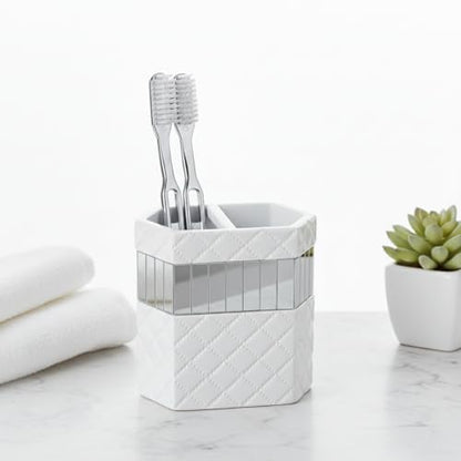 Creative Scents Quilted Mirror White Bathroom Accessories Set - Decorative 4 Piece Bathroom Set - Mirrored Bathroom Accessory Set Includes: Soap Dispenser, Toothbrush Holder, Tumbler & Soap Dish - style: 4 Piece Set