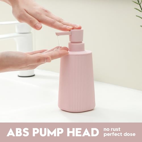 Small Soap Dispenser for Bathroom and Kitchen, Modern Farmhouse Striped Style Plastic Hand Soap Dish Soap Dispenser with Pump Matte Pink for Girls - color: Light Pink