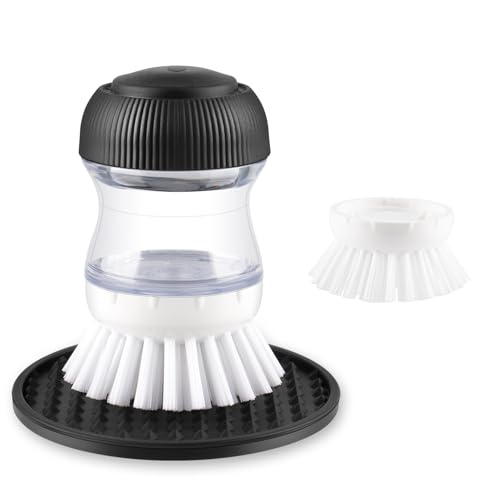 OYV Soap Dispensing Palm Brush, Dish Brush Set with Silicone Drip Tray and One Refill, Kitchen Dish Scrub Brush for Cleaning Pots, Pans, Sinks - color: White/Clear/Black