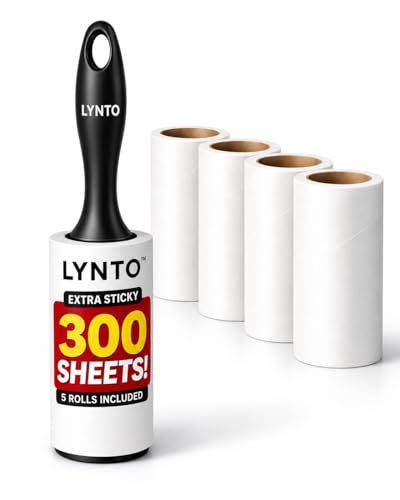 Extra Sticky Pet Hair Lint Roller — 300-Sheet Value Set with Upgraded Handle and 5 Rolls, Powerful Portable Hair Remover for Clothes, Furniture, Couches, Dogs & Cats