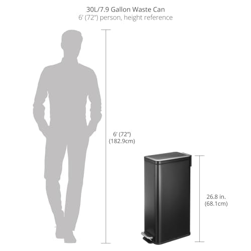 mDesign Slim Metal Rectangle 7.9 Gallon Trash Can with Step Pedal, Easy-Close Lid, Removable Liner - Narrow Wastebasket Garbage Container Bin for Bathroom, Bedroom, Kitchen, Office - Black - color: Black, size: 7.9 Gallon