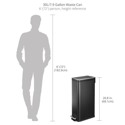 mDesign Slim Metal Rectangle 7.9 Gallon Trash Can with Step Pedal, Easy-Close Lid, Removable Liner - Narrow Wastebasket Garbage Container Bin for Bathroom, Bedroom, Kitchen, Office - Black - color: Black, size: 7.9 Gallon