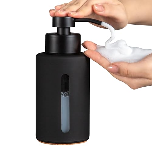 Enra Thick Glass Foaming Soap Dispenser with Clear Window,12oz Black Bathroom Soap Dispenser with Stainless Steel Pump, Modern Boho Refillable Pump Bottle for Bathroom Kitchen (Foam-Black) - color: Black Foam Dispenser